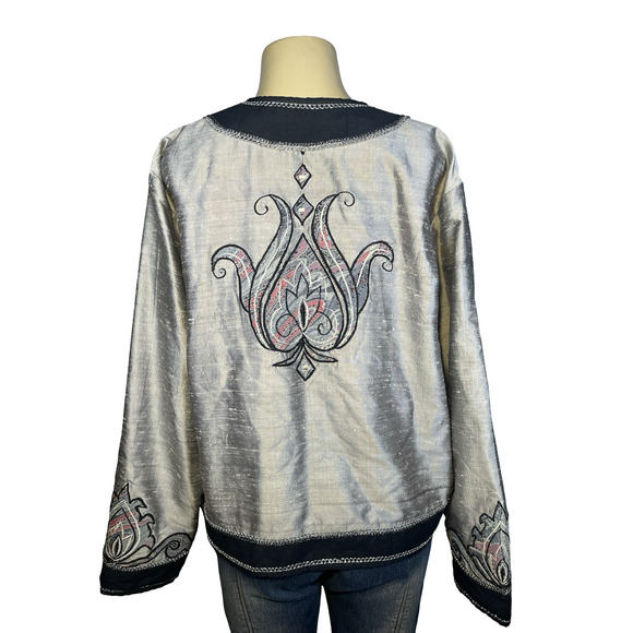 Stephanie Thomas Jacket Womens Large Silver Silk Embroidered Open Front Boho - Picture 2 of 13